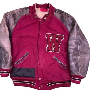 Men's Maroon Letterman Jacket with Leather Sleeves and W patch